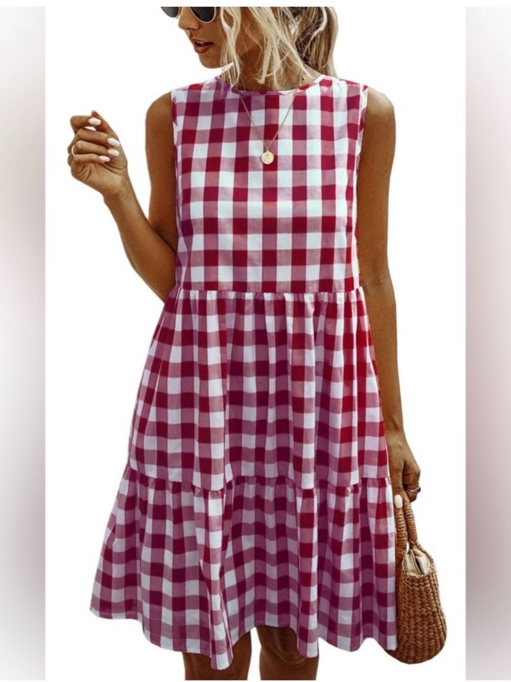 Sleeveless Red Gingham Tiered Dress - Brand